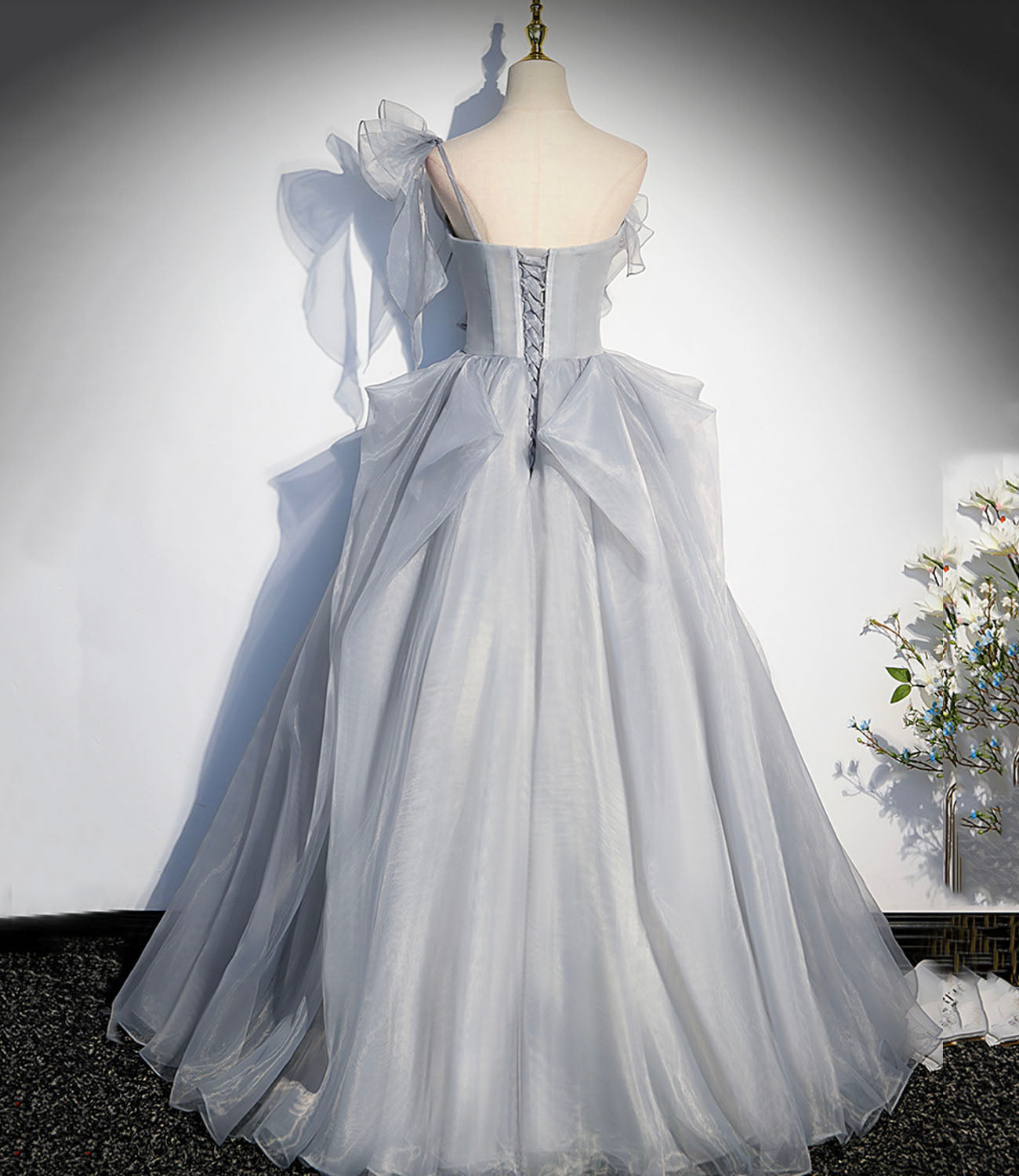 Gray tulle long ball gown dress A line evening gown  10273