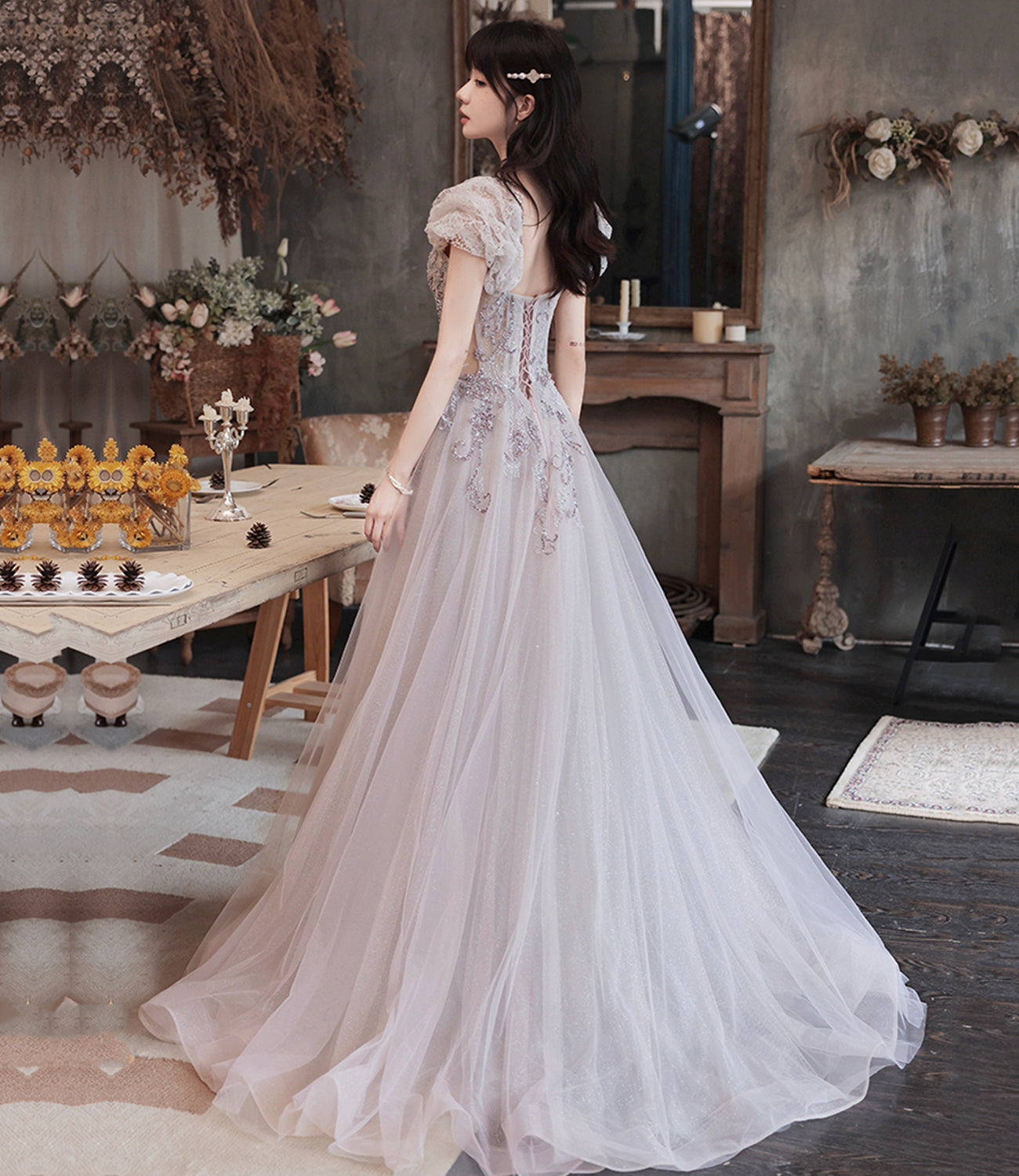 Cute tulle sequins long prom dress evening dress  10251