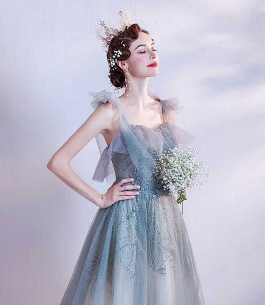 Cute tulle sequins long prom dress A line evening gown  10227