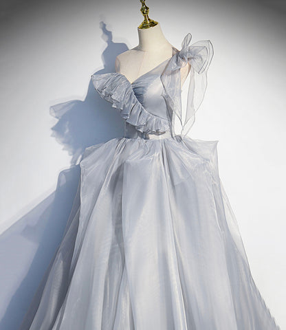 Gray tulle long ball gown dress A line evening gown  10273