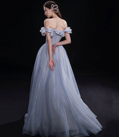 Blue tulle long A line prom dress blue evening dress  10291
