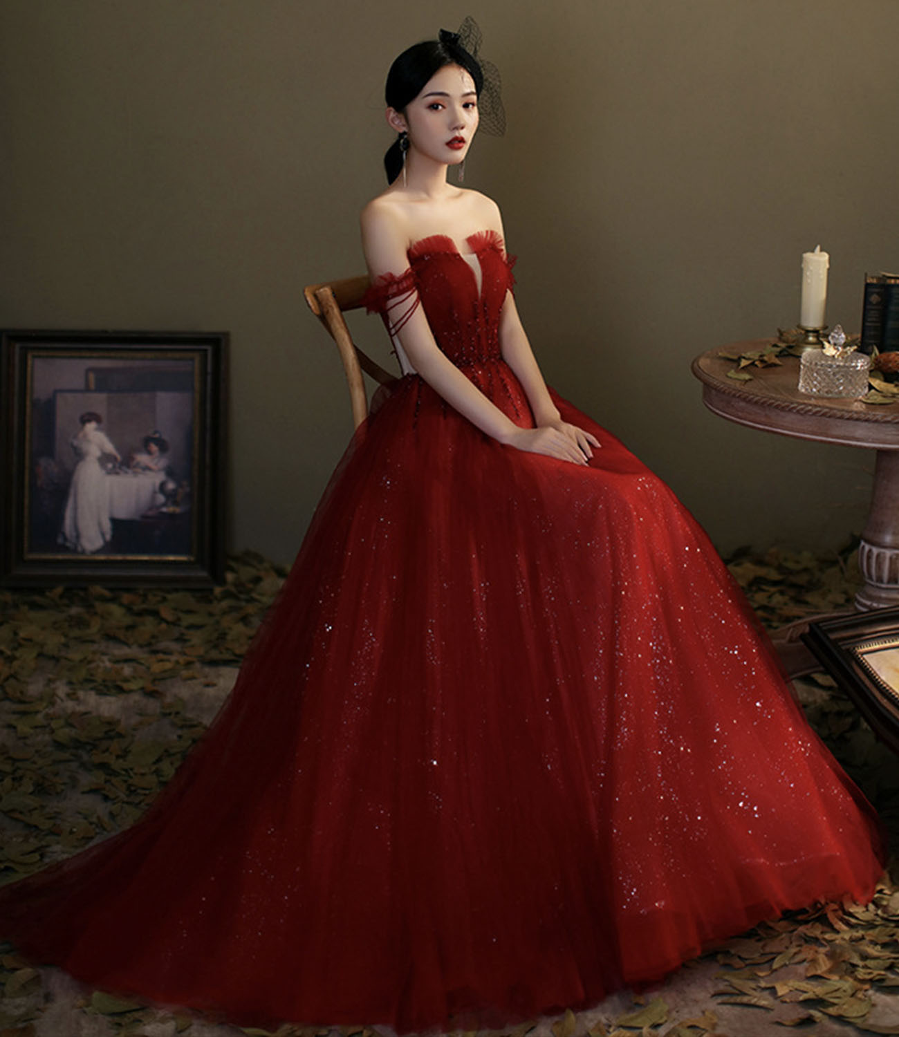 Red tulle sequins long prom dress evening gown  10276