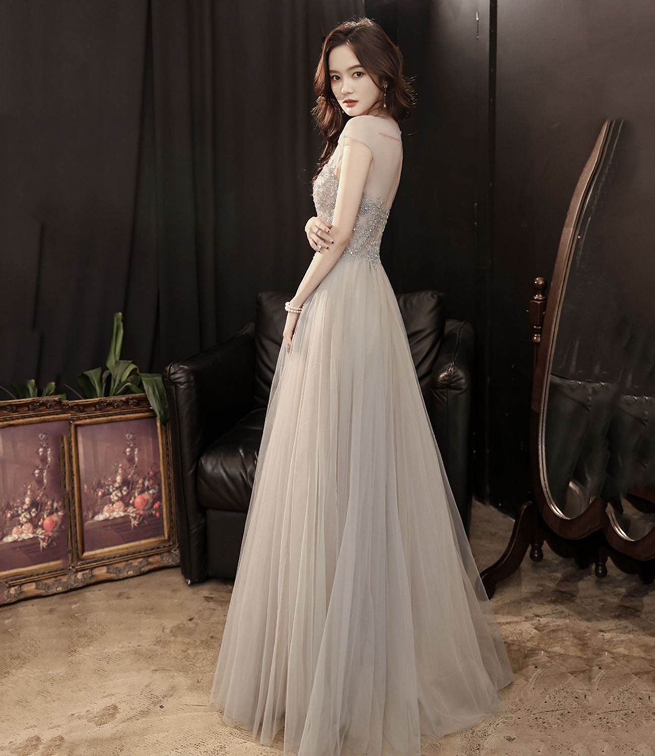 Cute tulle beads long prom dress A line evening gown  10279