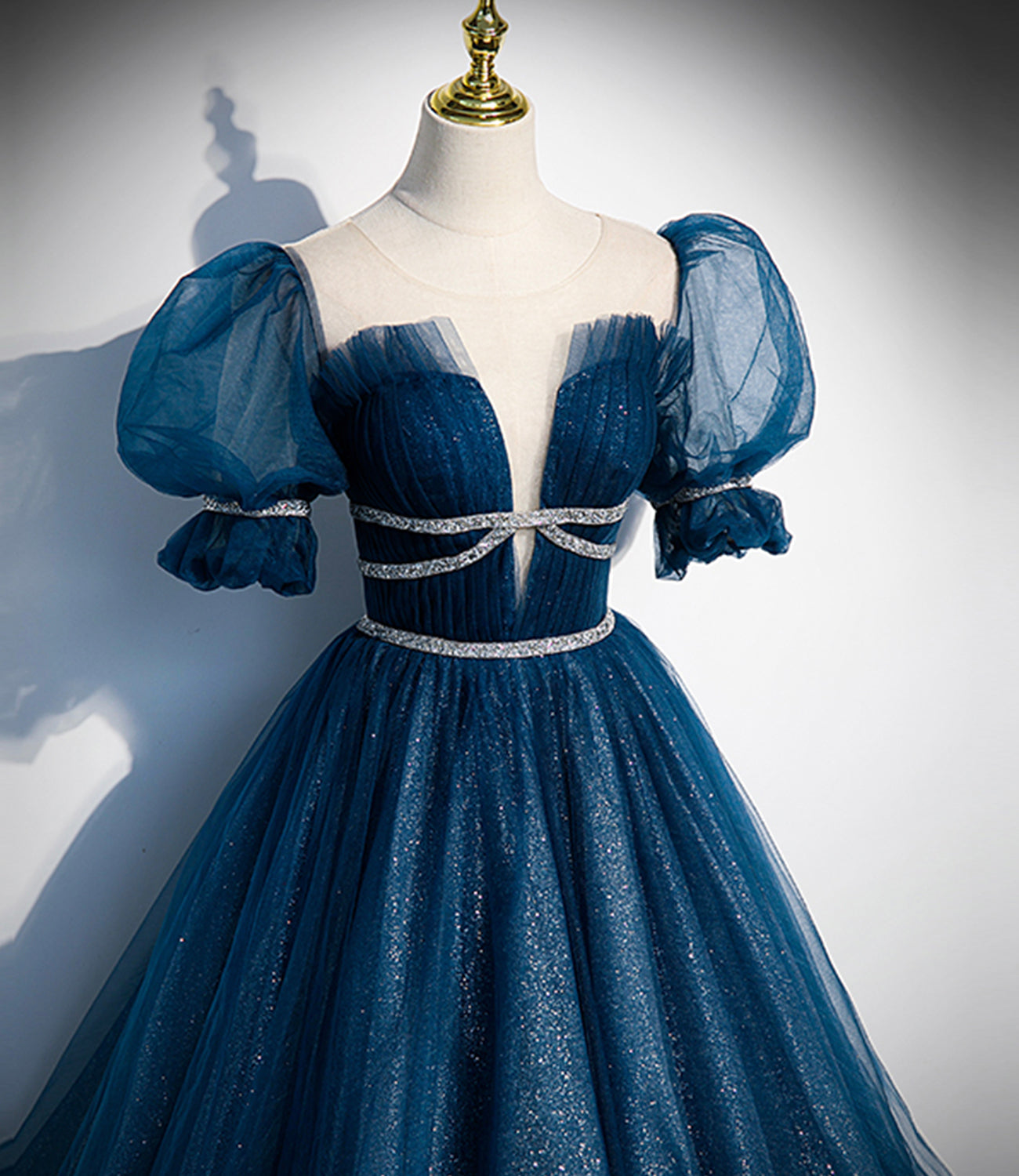 Blue tulle sequins long prom dress blue evening gown  10223