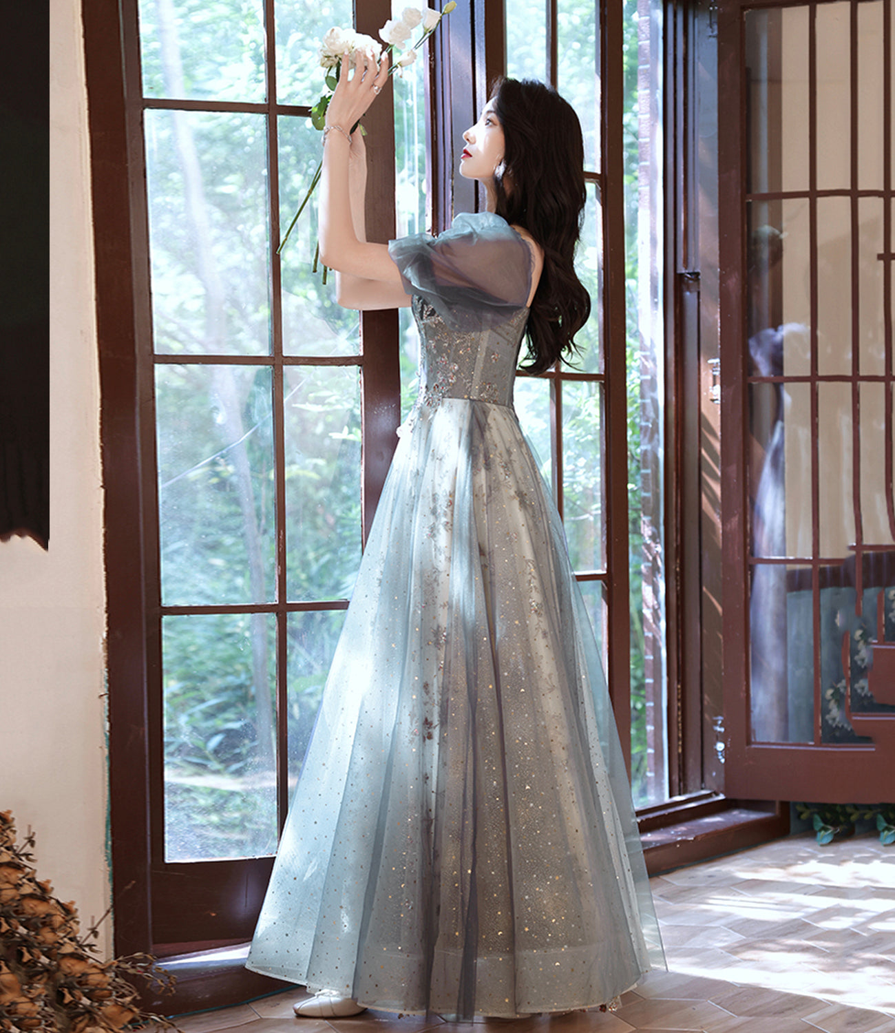 Gray tulle sequins long prom dress gray evening dress  10252