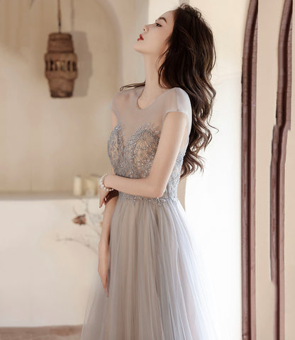 Cute tulle beads long prom dress A line evening gown  10279