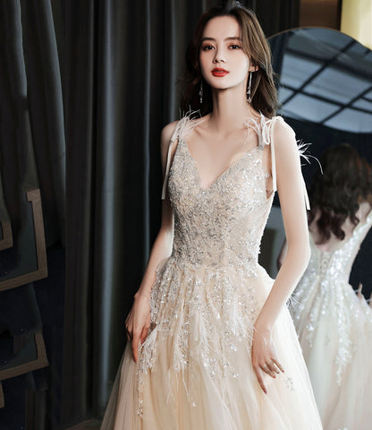 Champagne tulle sequins long prom dress evening gown  10281