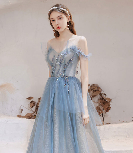 Blue tulle beads long prom dress blue evening dress  10283