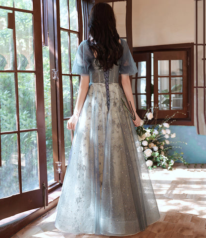 Gray tulle sequins long prom dress gray evening dress  10252
