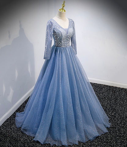 Blue tulle sequins long prom dress blue evening dress  10156