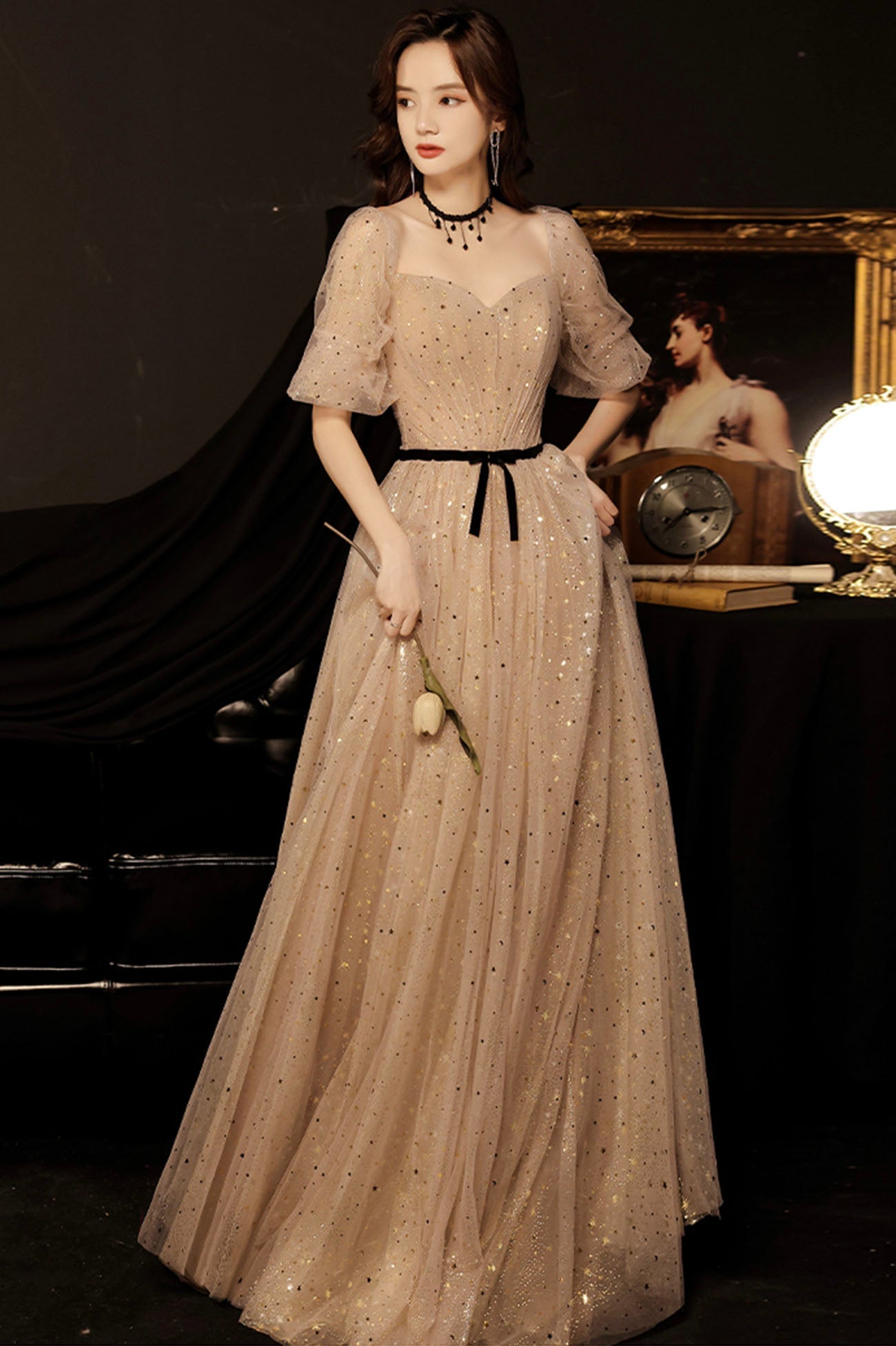 Cute tulle long prom dress A line evening gown  10177