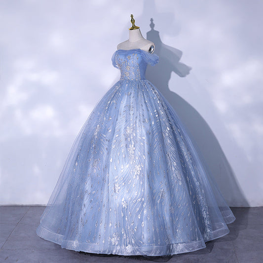 Blue tulle sequins long ball gown dress formal gown  10187