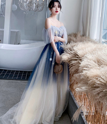 Blue tulle sequins long prom dress blue evening dress  10203