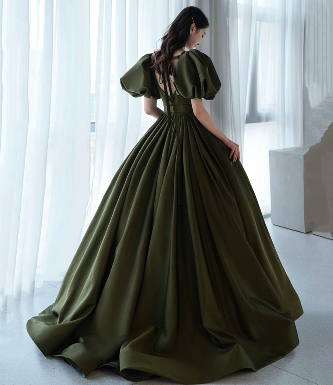 Green satin long A line princess gown formal gown  10192