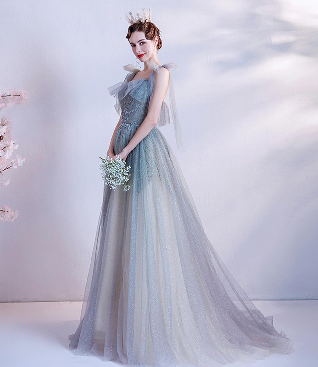 Cute tulle sequins long prom dress A line evening gown  10227