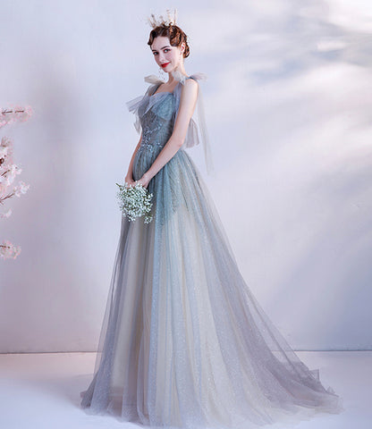 Cute tulle sequins long prom dress A line evening gown  10227