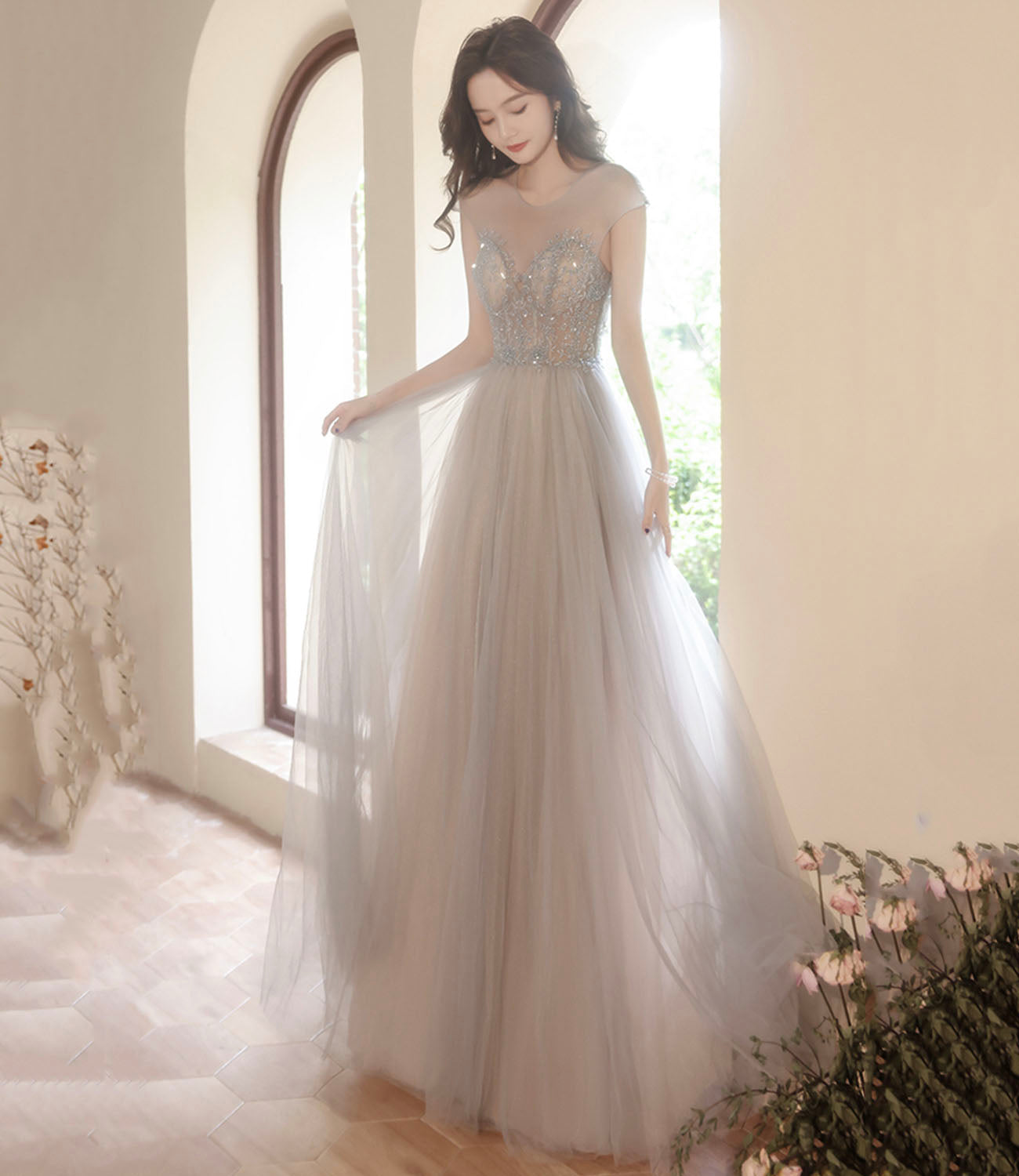 Cute tulle beads long prom dress A line evening gown  10279
