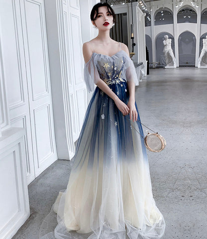 Blue tulle sequins long prom dress blue evening dress  10203