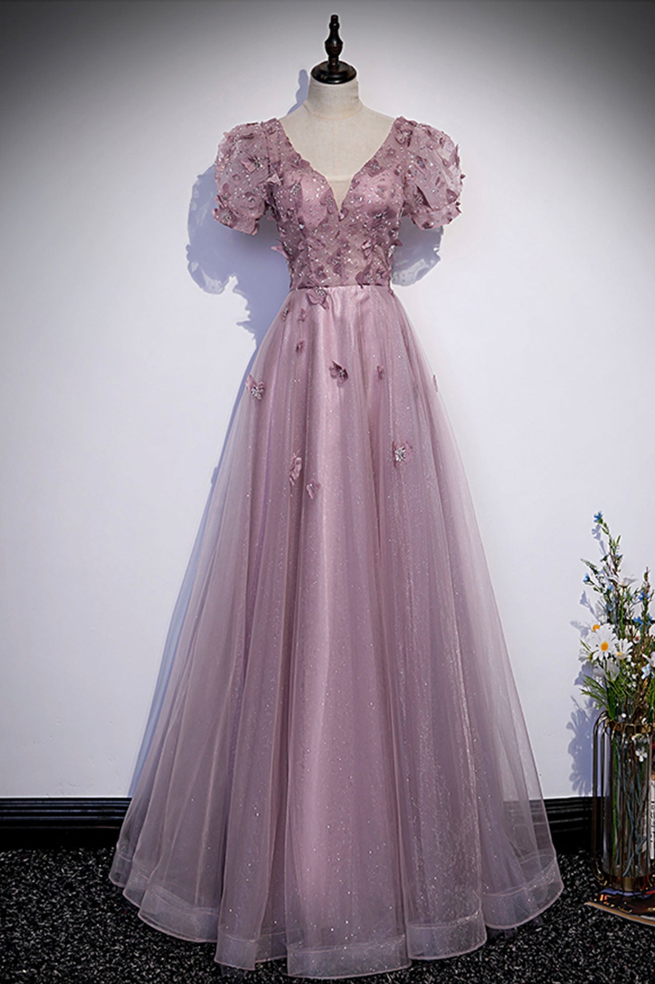 Pink tulle sequins long prom dress pink evening dress  10181