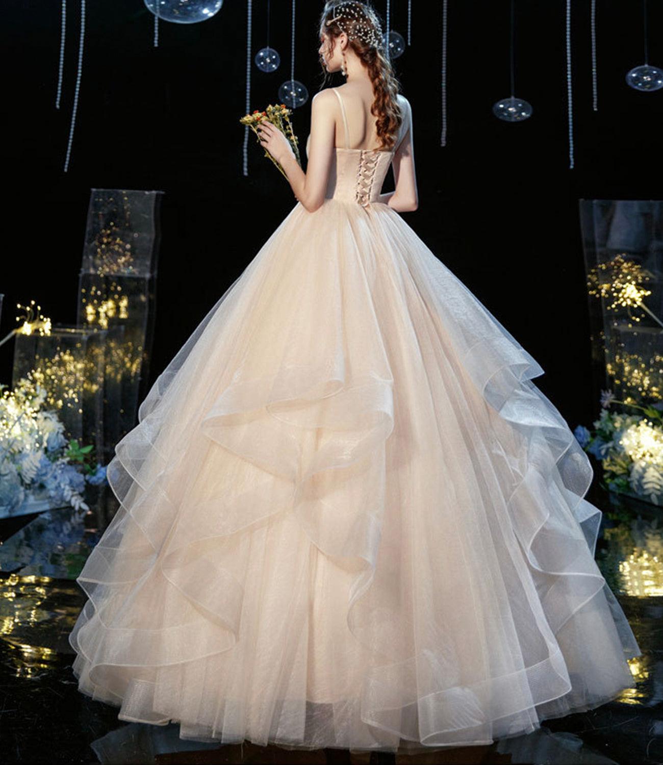 Champagne tulle long prom dress A line evening gown  10236