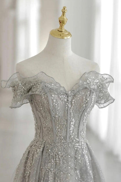 Gray tulle beads long prom dress evening gown  10174