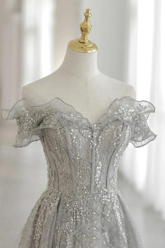 Gray tulle beads long prom dress evening gown  10174