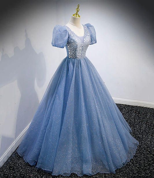 Blue tulle sequins long prom dress blue evening dress  10159