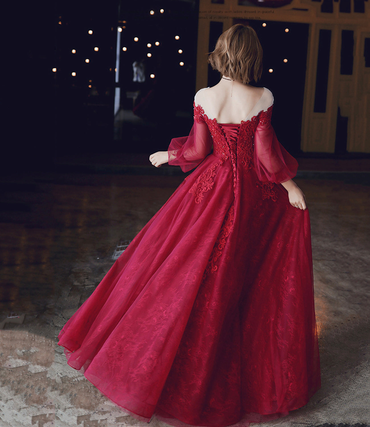 Burgundy lace long prom dress A line evening dress  10213