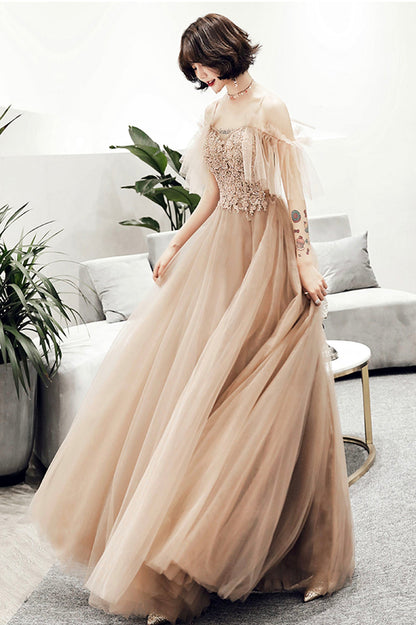 Cute tulle lace long prom dress A line evening dress  10167