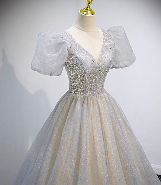 Gray tulle sequins long prom dress gray evening dress  10160