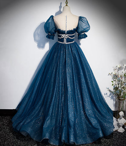 Blue tulle sequins long prom dress blue evening gown  10223