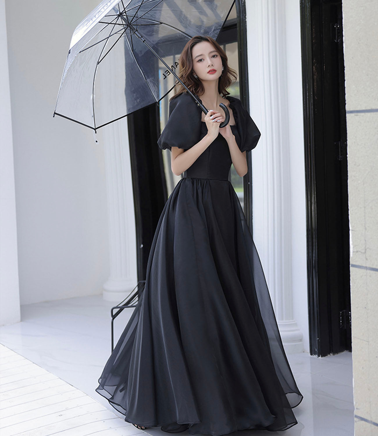 Black tulle long prom dress A line evening gown  10207
