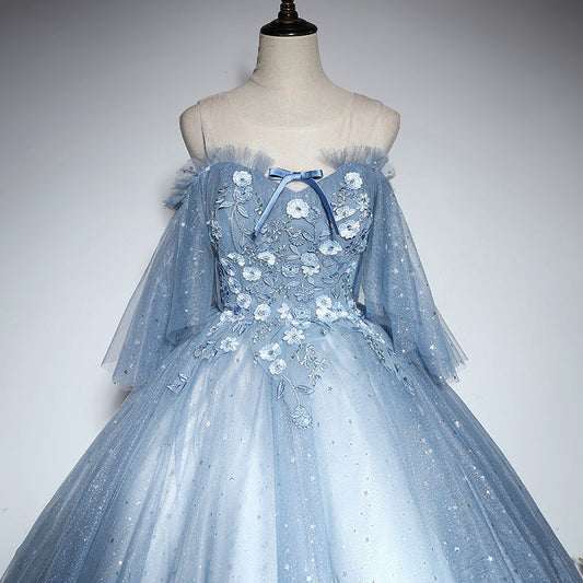 Blue tulle lace long ball gown dress formal dress  10197