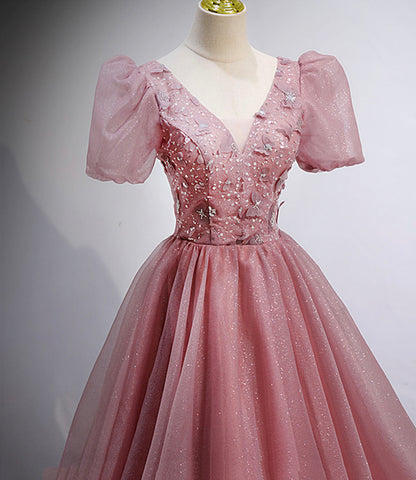 Pink tulle sequins long prom dress pink evening gown  10158
