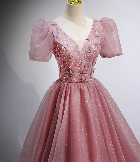 Pink tulle sequins long prom dress pink evening gown  10158