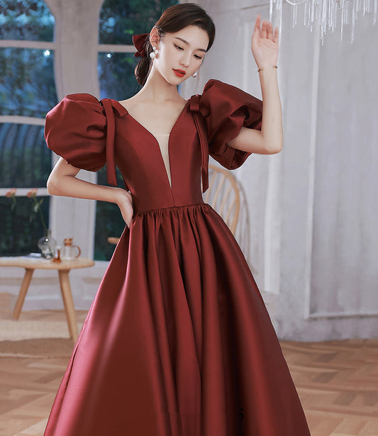 Burgundy v neck satin long prom gown A line formal gown  10212