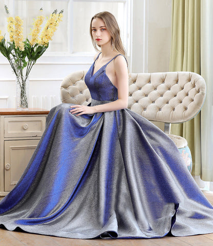 Blue satin long A line prom dress blue evening dress  10235