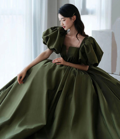 Green satin long A line princess gown formal gown  10192