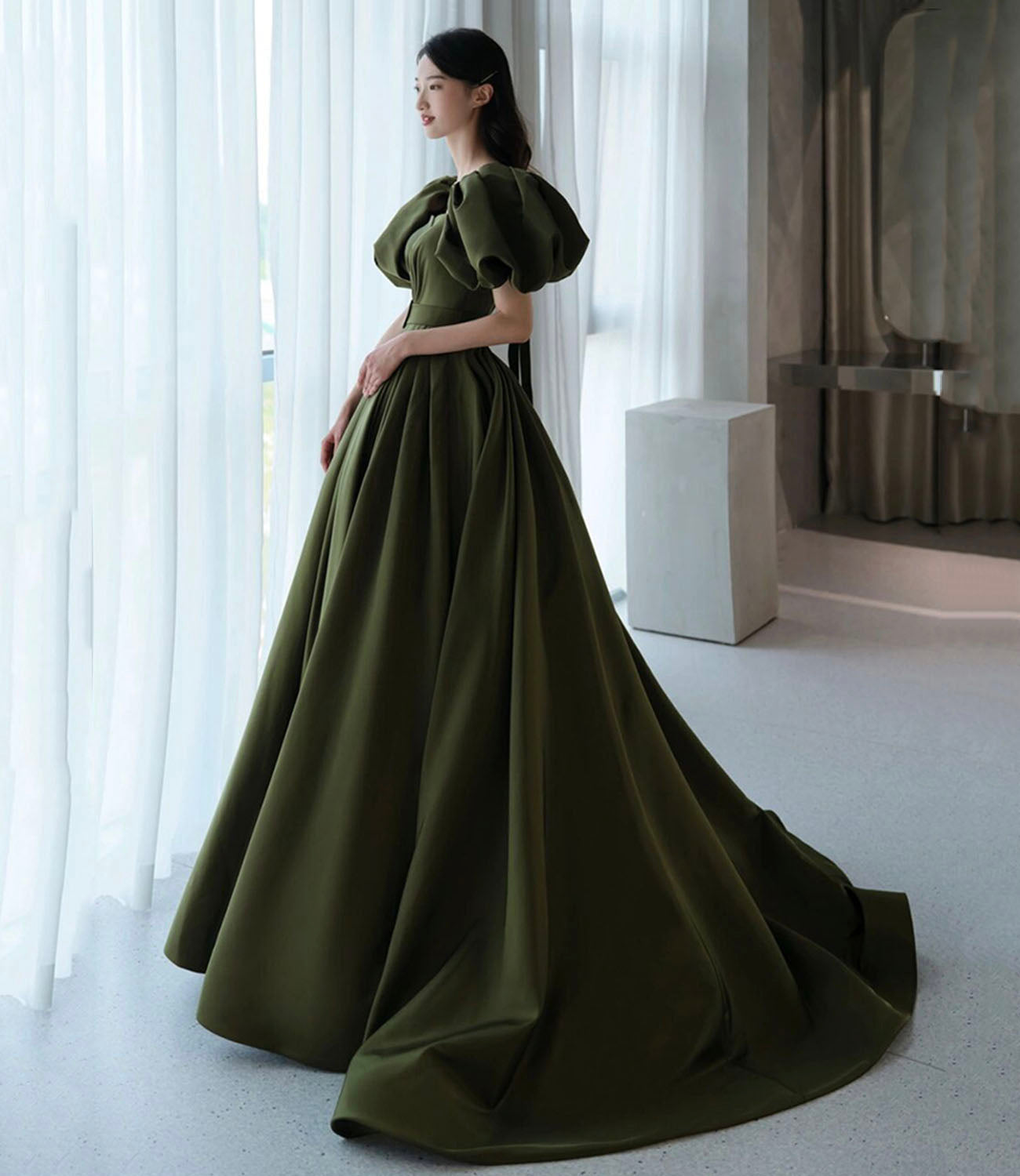 Green satin long A line princess gown formal gown  10192