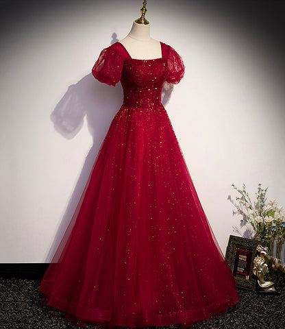 Burgundy tulle beads long ball gown dress formal dress  10142