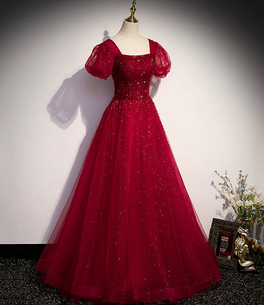 Burgundy tulle beads long ball gown dress formal dress  10142