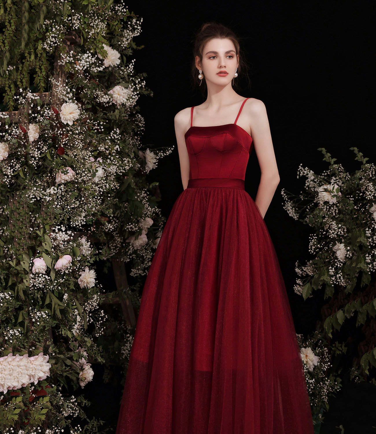 Cute burgundy two pieces detachable prom dresses  10191