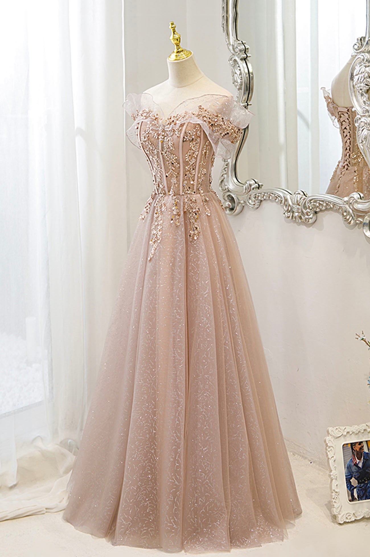 Pink tulle sequins long prom dress pink evening dress  10173