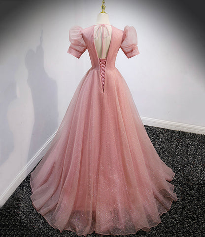 Pink tulle beads long prom dress A line evening gown  10162