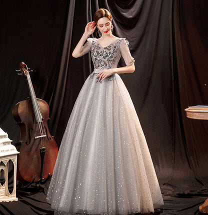 Gray tulle sequins long ball gown dress formal dress  10147
