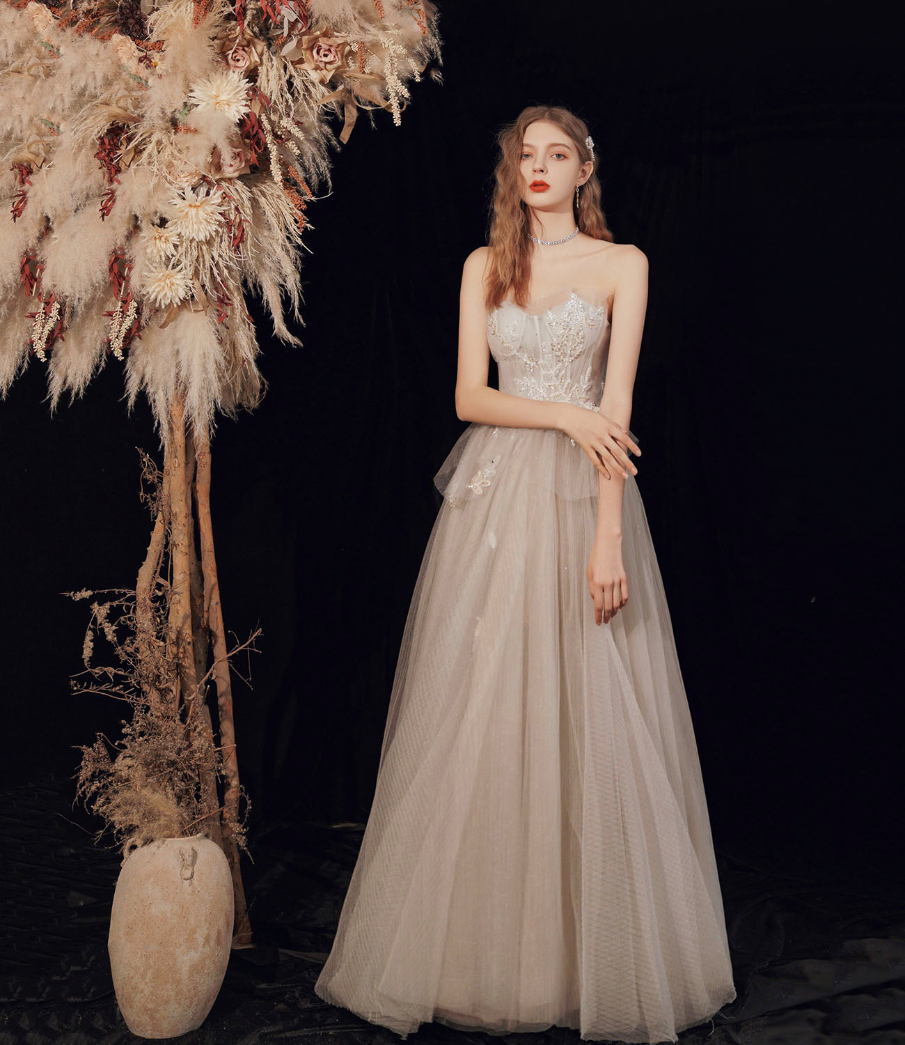Cute tulle sequins long prom dress evening dress  10189