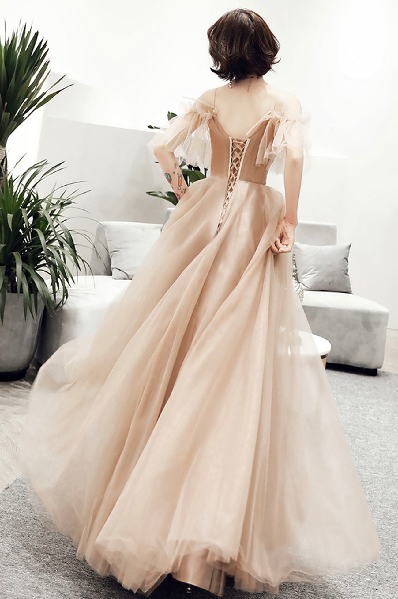 Cute tulle lace long prom dress A line evening dress  10167