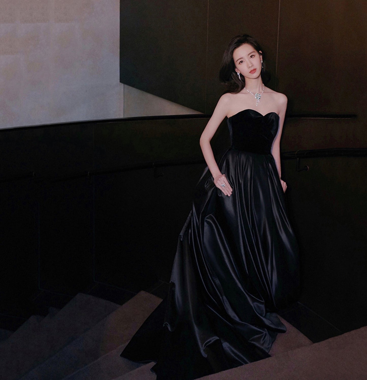 Black velvet satin long prom dress A line evening gown  10148