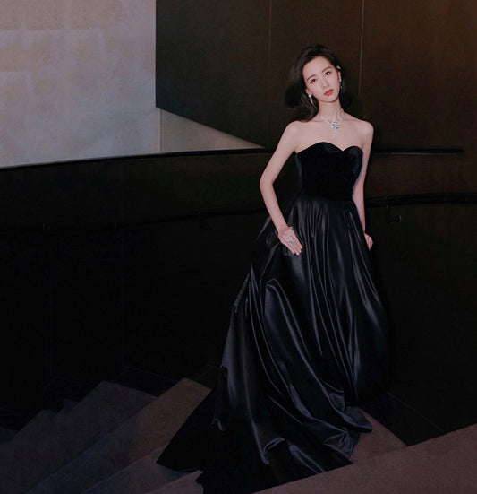 Black velvet satin long prom dress A line evening gown  10148