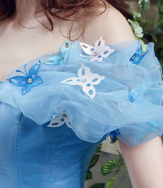 Blue tulle long A line prom dress evening gown  10185